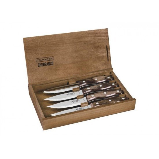 CONJUNTO DE FACAS CHURRASCO RIO GRANDE AÇO INOX CABO CASTANHO POLYWOOD  ESTOJO DE MADEIRA TRAMONTINA