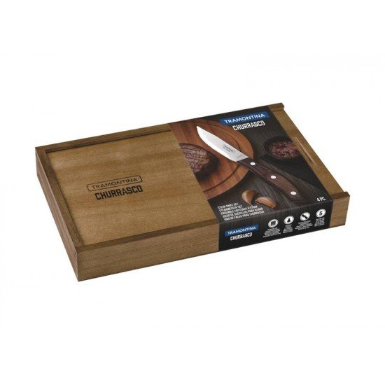 CONJUNTO DE FACAS CHURRASCO RIO GRANDE AÇO INOX CABO CASTANHO POLYWOOD  ESTOJO DE MADEIRA TRAMONTINA