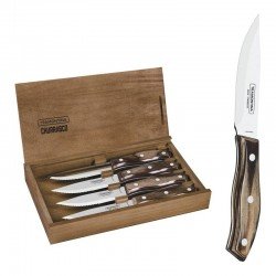 CONJUNTO DE FACAS CHURRASCO RIO GRANDE AÇO INOX CABO CASTANHO POLYWOOD  ESTOJO DE MADEIRA TRAMONTINA