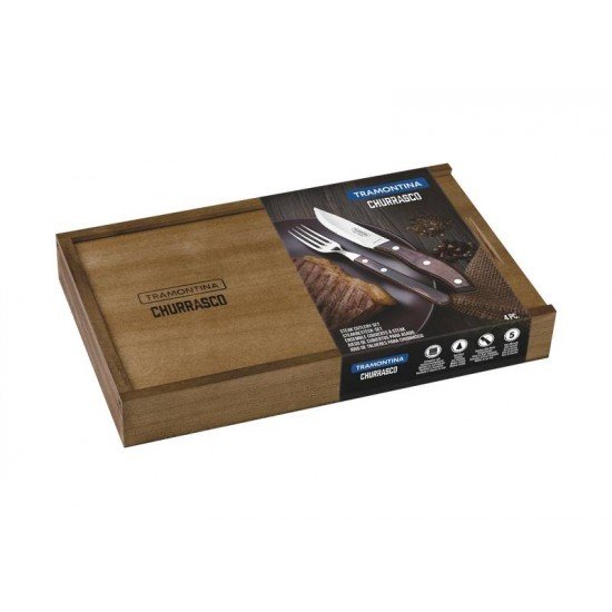 JOGO DE TALHERES CHURRASCO AÇO INOX CABO CASTANHO POLYWOOD COM ESTOJO DE MADEIRA 4 PEÇAS TRAMONTINA
