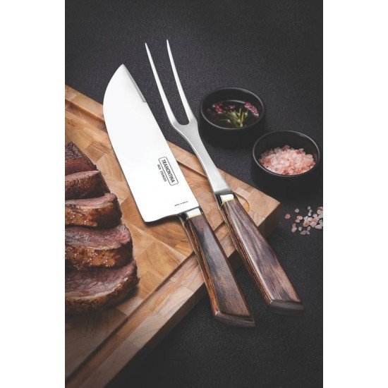 JOGO TRINCHANTE EM ACO INOX FORJADO CABO CASTANHO POLYWOOD E ESTOJO DE MADEIRA 2 PECAS TRAMONTINA