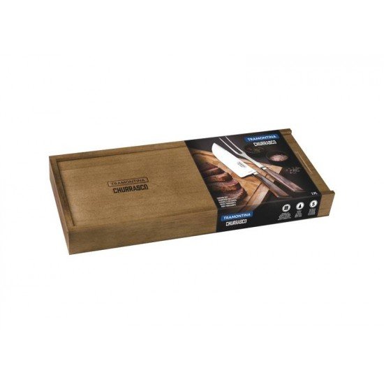 JOGO TRINCHANTE EM ACO INOX FORJADO CABO CASTANHO POLYWOOD E ESTOJO DE MADEIRA 2 PECAS TRAMONTINA