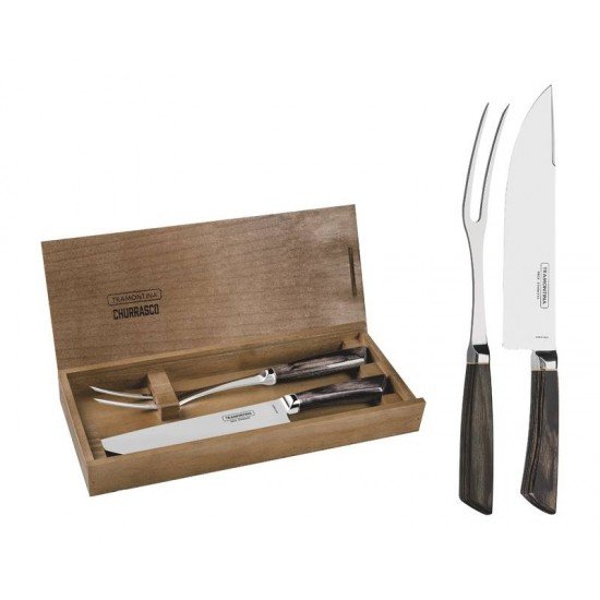 JOGO TRINCHANTE EM ACO INOX FORJADO CABO CASTANHO POLYWOOD E ESTOJO DE MADEIRA 2 PECAS TRAMONTINA