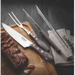 JOGO PARA CHURRASCO EM ACO INOX CABO CASTANHO POLYWOOD COM ESTOJO DE MADEIRA 3 PECAS TRAMONTINA