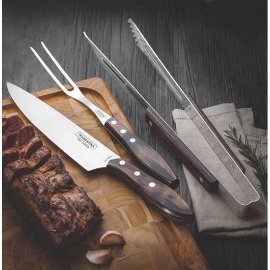 JOGO PARA CHURRASCO EM ACO INOX CABO CASTANHO POLYWOOD COM ESTOJO DE MADEIRA 3 PECAS TRAMONTINA