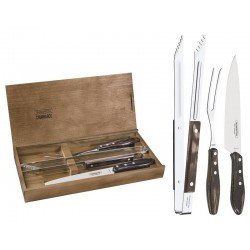 JOGO PARA CHURRASCO EM ACO INOX CABO CASTANHO POLYWOOD COM ESTOJO DE MADEIRA 3 PECAS TRAMONTINA