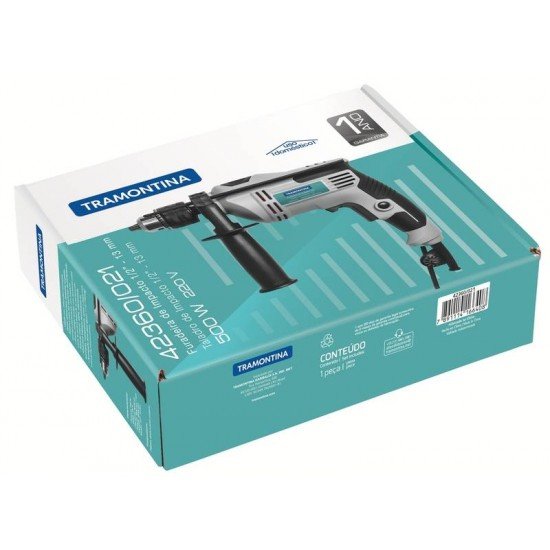 FURADEIRA DE IMPACTO 500 W 1/2 TRAMONTINA COM EMPUNHADURA AUXILIAR E SISTEMA DE REVERSÃO