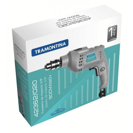 FURADEIRA DE IMPACTO 500 W 3/8 TRAMONTINA PARA USO DOMÉSTICO COM SISTEMA DE REVERSÃO E BOTÃO PARA TRAVAMENTO DE GATILHO 220V 