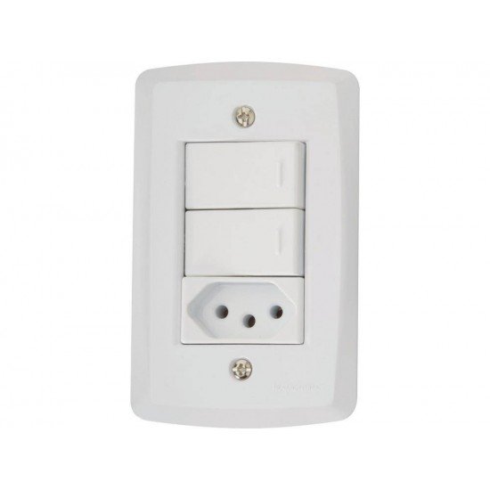 CJ PLACA 4X2 + 2 INTER SIMPLES + 1 TOMADA 2P + T TERMOPL 10A 250V LUX2 BRANCO TRAMONTINA