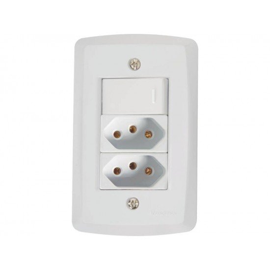 CJ PLACA 4X2 + 1 INTER SIMPLES +2 TOMADA 2P + T TERMOPL 10A 250V LUX2 BRANCO TRAMONTINA