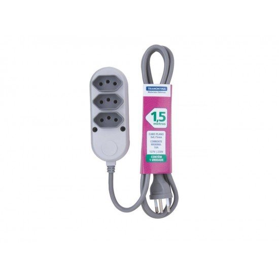 EXTENSAO EM TERMOPLASTICO 3 TOMADAS 2P + T C CABO DE 1,5M C COMPONEN.METAL.10A 250V CINZA TRAMONTINA