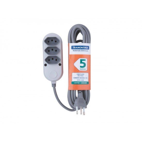 EXTENSAO EM TERMOPLASTICO 3 TOMADAS 2P + T C CABO DE 5M C COMPONEN METAL 10A 250V CINZA TRAMONTINA