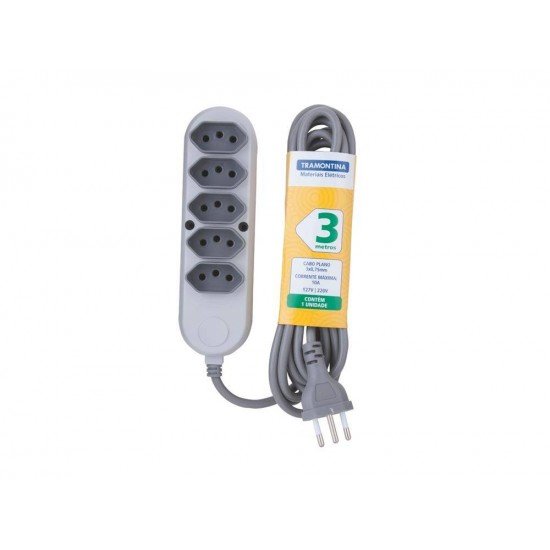 EXTENSAO EM TERMOPLASTICO 5 TOMADAS 2P + T C CABO DE 3M C COMPONEN METAL 10A 250V CINZA TRAMONTINA