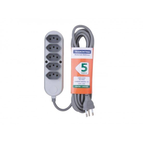 EXTENSAO EM TERMOPLASTICO 5 TOMADAS 2P + T C CABO DE 5M C COMPONEN METAL 10A 250V CINZA TRAMONTINA