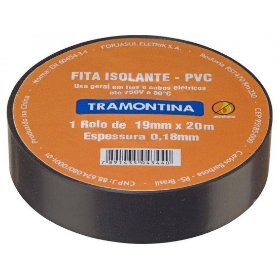 KIT 12 UNI FITA ISOLANTE EM TERMOPLASTICO PRETA 5 METROS 0,18MM X 19MM TRAMONTINA