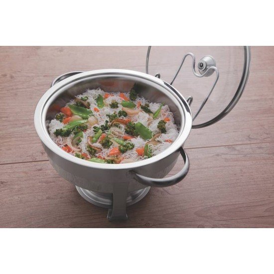 RECHAUD REDONDO EM ACO INOX BANHO MARIA COM SUPORTE PARA TAMPA E FOGAREIRO 4,3 L TRAMONTINA