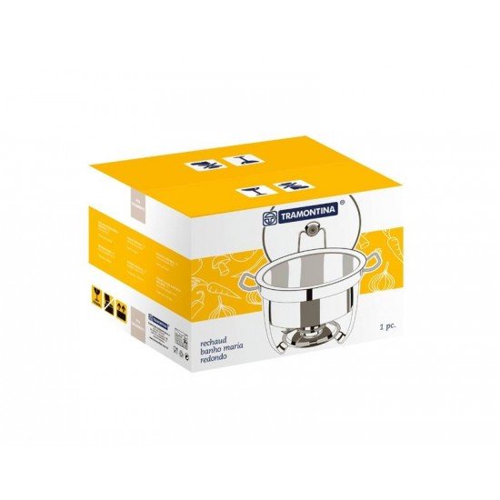 RECHAUD REDONDO EM ACO INOX BANHO MARIA COM SUPORTE PARA TAMPA E FOGAREIRO 7 L TRAMONTINA
