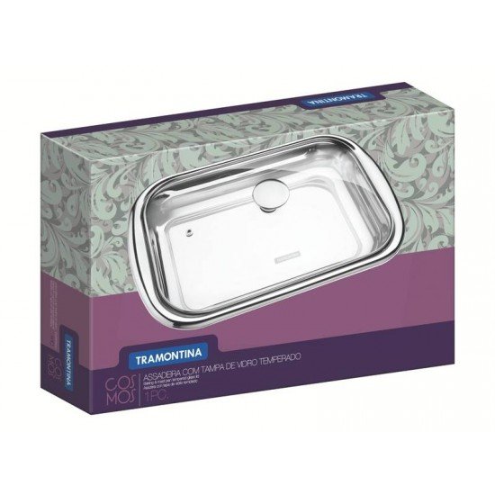 ASSADEIRA TRAMONTINA COSMOS RETANGULAR EM AÇO INOX COM TAMPA DE VIDRO 39 CM 3,2 L