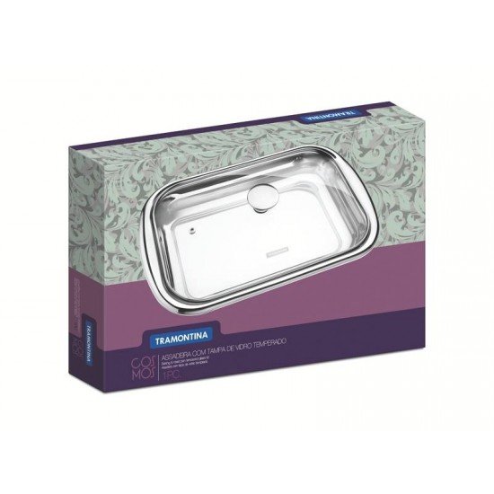 ASSADEIRA TRAMONTINA COSMOS RETANGULAR EM AÇO INOX COM TAMPA DE VIDRO 43 CM 4 L