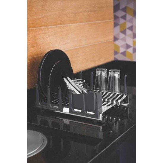 ESCORREDOR DE LOUÇA TRAMONTINA EM AÇO INOX COM SECADOR DE COPOS E PORTA TALHERES GRAFITE