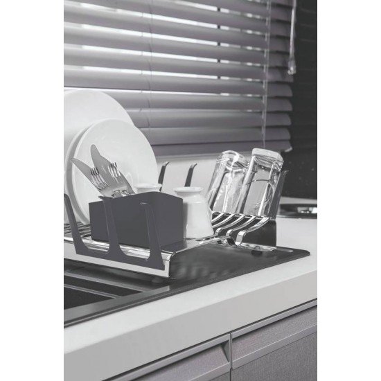 ESCORREDOR DE LOUÇA TRAMONTINA EM AÇO INOX COM SECADOR DE COPOS E PORTA TALHERES GRAFITE