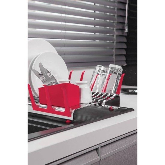 ESCORREDOR DE LOUCA PLURALE EM ACO INOX COM PORTA-COPOS E PORTA TALHERES VERMELHO TRAMONTINA