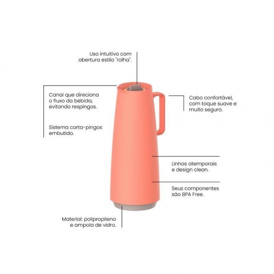 BULE TÉRMICO TRAMONTINA EXATA EM PLÁSTICO CORAL COM AMPOLA DE VIDRO 1 L