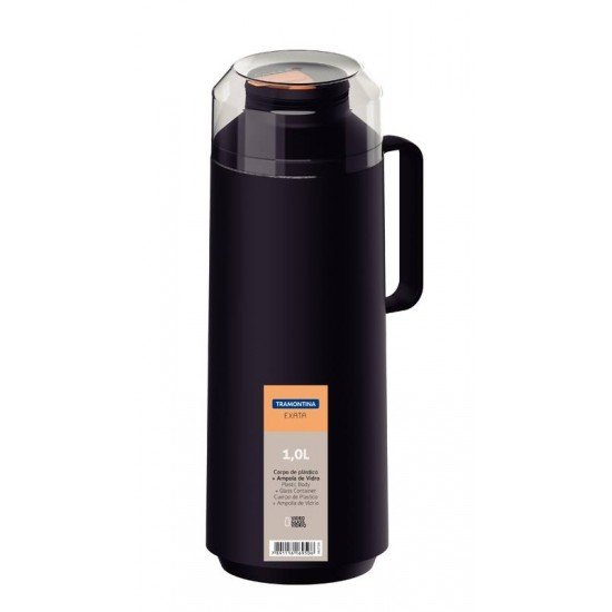 GARRAFA TÉRMICA TRAMONTINA EXATA EM PLÁSTICO PRETO COM AMPOLA DE VIDRO 1 L
