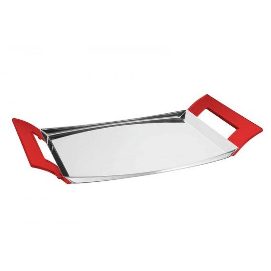 BANDEJA RETANGULAR EM ACO INOX COM ALCAS VERMELHAS EM SAN 46 X 27 CM TRAMONTINA