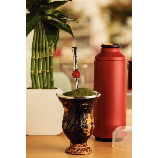 BOMBA DE CHIMARRÃO TRAMONTINA ILEX EM AÇO INOX COM ROSCA E PEDRA ÁGATA VERMELHA 25 CM