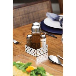 GALHETEIRO LUCE EM VIDRO E ACO INOX 4 PECAS BASE COM DESENHOS VAZADOS TRAMONTINA