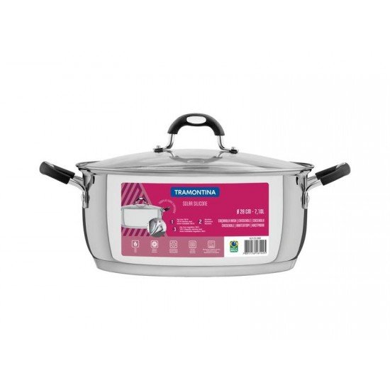 CACAROLA RASA SOLAR SILICONE EM ACO INOX COM FUNDO TRIPLO E TAMPA DE VIDRO 28 CM 7,1 L TRAMONTINA