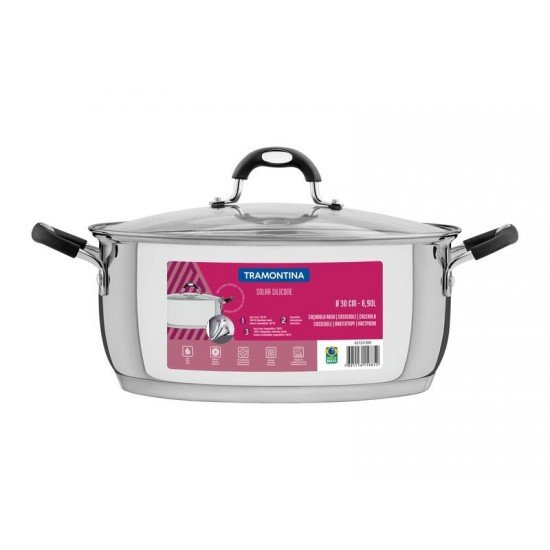 CACAROLA RASA SOLAR SILICONE EM ACO INOX COM FUNDO TRIPLO E TAMPA DE VIDRO 30 CM 8,9 L TRAMONTINA
