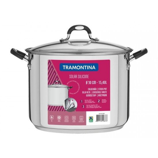CALDEIRAO SOLAR SILICONE EM ACO INOX COM FUNDO TRIPLO COM TAMPA DE VIDRO 30 CM 15,4 L TRAMONTINA