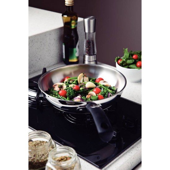 FRIGIDEIRA TRAMONTINA SOLAR SILICONE RASA EM AÇO INOX FUNDO TRIPLO COM CABO DE SILICONE 20 CM 1,3 L