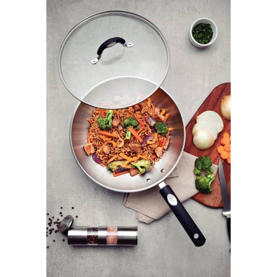 WOK TRAMONTINA ASTRO SILICONE EM AÇO INOX COM FUNDO TRIPLO E TAMPA DE VIDRO 28 CM 3,3 L