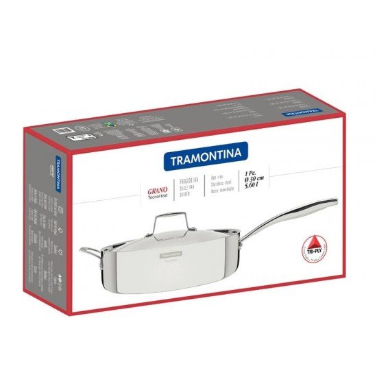 FRIGIDEIRA GRANO EM ACO INOX COM CORPO TRIPLO COM TAMPA E CABO 30 CM 5,6 L TRAMONTINA