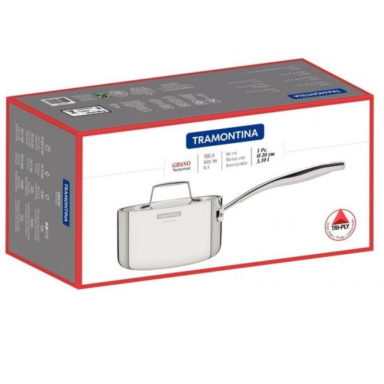 PANELA TRAMONTINA GRANO EM AÇO INOX CORPO TRIPLO COM TAMPA E CABO 20 CM 3,1 L