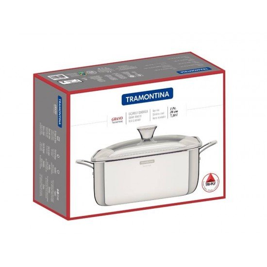 CAÇAROLA TRAMONTINA GRANO QUADRADA EM AÇO INOX COM SUPORTE PARA TAMPA CORPO TRIPLO COM ALÇAS E TAMPA DE VIDRO 7,3 L