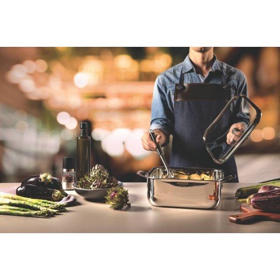 CAÇAROLA TRAMONTINA GRANO QUADRADA EM AÇO INOX COM SUPORTE PARA TAMPA CORPO TRIPLO COM ALÇAS E TAMPA DE VIDRO 7,3 L