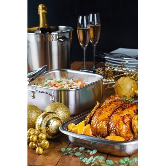 CAÇAROLA TRAMONTINA GRANO QUADRADA EM AÇO INOX COM SUPORTE PARA TAMPA CORPO TRIPLO COM ALÇAS E TAMPA DE VIDRO 7,3 L