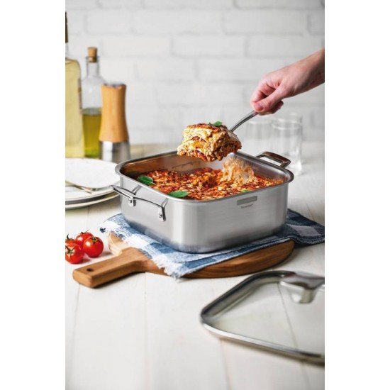 CAÇAROLA TRAMONTINA GRANO QUADRADA EM AÇO INOX COM SUPORTE PARA TAMPA CORPO TRIPLO COM ALÇAS E TAMPA DE VIDRO 7,3 L