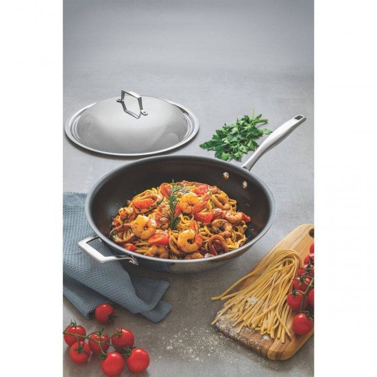 WOK GRANO EM ACO INOX CORPO TRIPLO COM TAMPA E CABO 32 CM 5,2 L REV INT ANTI ADERENTE TRAMONTINA