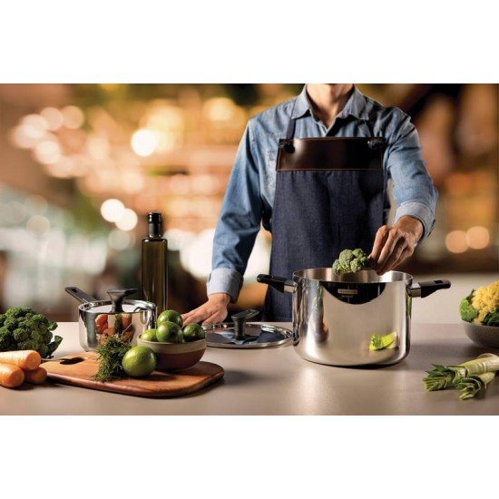 CALDEIRAO GRANO BAQUELITE EM ACO INOX CORPO TRIPLO TAMPA E ALCAS DE BAQUELITE 24 CM 7,7 L TRAMONTINA