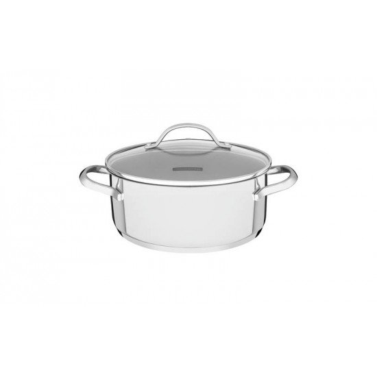 CACAROLA RASA UNA EM ACO INOX COM FUNDO TRIPLO E TAMPA DE VIDRO 16 CM 1,4 L TRAMONTINA