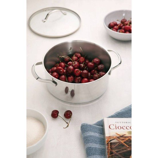 CACAROLA RASA UNA EM ACO INOX COM FUNDO TRIPLO E TAMPA DE VIDRO 16 CM 1,4 L TRAMONTINA