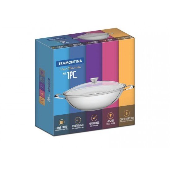 WOK VENTURA EM ACO INOX COM FUNDO TRIPLO TAMPA DE VIDRO 34 CM 6,1 L TRAMONTINA