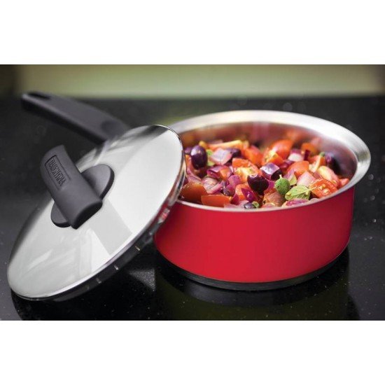 PANELA DUO COLOR VERMELHA EM ACO INOX FUNDO TRIPLO COM TAMPA E CABO 16 CM 1,4 L TRAMONTINA