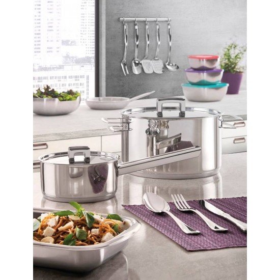 PANELA BRAVA EM ACO INOX FUNDO TRIPLO COM TAMPA PLANA E CABO 16 CM 1,4 L TRAMONTINA