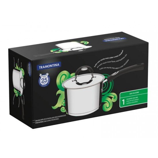 CALDEIRAO DUO SILICONE EM ACO INOX FUNDO TRIPLO COM TAMPA E CABO EM SILICONE 16 CM 2,2 L TRAMONTINA